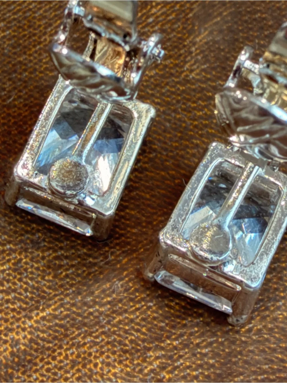 Vintage Clear Crystal Square Drop Clip On Earrings Silver Tone-1068